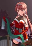  1girl blush breasts closed_mouth cowboy_shot dress elbow_gloves fringe_trim gloves green_scarf kantai_collection large_breasts long_hair mayura_(lucadia) nevada_(kancolle) official_alternate_costume red_dress red_eyes red_gloves red_hair santa_costume scarf smile solo unworn_scarf 