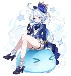  &gt;_&lt; 1girl ahoge blue_eyes blue_hair blush closed_mouth furina_(genshin_impact) genshin_impact gloves hat heterochromia long_hair looking_at_viewer mauve shoes simple_background sitting slime_(genshin_impact) smile solo twitter_username uniform white_background 
