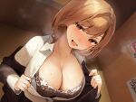 1girl absurdres black_bra black_jacket blush bra breasts brown_eyes brown_hair cleavage collarbone collared_shirt commentary_request highres inushima jacket lace-trimmed_bra lace_trim large_breasts long_sleeves looking_at_viewer mole mole_on_breast non-web_source office_lady open_clothes open_mouth open_shirt original shirt short_hair smile solo steam underwear upper_body white_shirt 