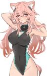  1girl :3 absurdres alternate_costume animal_ears arknights arms_behind_head bare_shoulders black_one-piece_swimsuit blush breasts cleavage_cutout closed_mouth clothing_cutout commentary_request cowboy_shot gravel_(arknights) groin heart highleg highleg_swimsuit highres large_breasts light_smile long_hair looking_at_viewer one-piece_swimsuit pink_eyes pink_hair prairie_dog_ears prairie_dog_girl shino_duka simple_background solo swimsuit triangle_print turtleneck wet white_background 