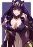  1girl absurdres black_hair blunt_bangs blush bodystocking bracelet breasts bridal_gauntlets cape circlet cleavage commentary_request covered_navel fire_emblem fire_emblem_awakening highres jewelry large_breasts long_hair looking_at_viewer navel purple_eyes smile solo tharja_(fire_emblem) tiara to_(tototo_tk) two_side_up 