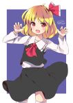  1girl ahoge ascot black_skirt black_vest blonde_hair blue_background commentary_request dated enjoy_mix fang hair_ribbon long_sleeves looking_at_viewer one-hour_drawing_challenge open_mouth red_ascot red_eyes ribbon rumia shirt short_hair signature simple_background skin_fang skirt solo thighhighs touhou twitter_username vest white_shirt white_thighhighs 