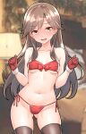  1girl alternate_costume arashio_(kancolle) bed bed_sheet bedroom bikini blurry blurry_background breasts brown_eyes brown_hair brown_thighhighs furaggu_(frag_0416) gloves highres indoors kantai_collection long_hair pillow red_bikini santa_bikini side-tie_bikini_bottom skirt small_breasts smile solo swimsuit thighhighs 