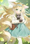  1girl absurdres animal animal_ear_fluff animal_ears arknights bag black_cat blonde_hair blue_hairband blue_skirt blush brown_bag cardigan cat closed_mouth commentary crossover feet_out_of_frame fox_ears fox_girl fox_tail frilled_hairband frills green_eyes hair_ornament hair_scrunchie hairband handbag highres holding holding_animal holding_cat kitsune kyuubi long_hair looking_at_viewer luo_xiaohei luo_xiaohei_zhanji multicolored_hair multiple_tails nitoron official_alternate_costume open_cardigan open_clothes outdoors scrunchie shirt shoulder_bag sidelocks skirt smile solo stitches suzuran_(arknights) suzuran_(spring_praise)_(arknights) tail two-tone_hair white_cardigan white_hair white_shirt 