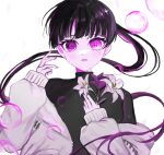  1girl absurdres ariki_with_boy black_hair black_shirt blunt_bangs blush bubble cloud_nine_inc commentary floating_hair flower hand_up highres holding holding_flower jacket light_particles long_hair long_jacket looking_at_viewer off_shoulder pink_eyes pink_theme ponytail puffy_sleeves purple_flower shirt simple_background solo sparkle straight-on symbol-only_commentary turtleneck very_long_hair white_background white_flower white_jacket wide-eyed yoshino_(utaite) 