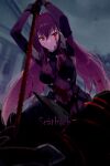  1girl armor blood bodysuit breasts character_name covered_navel echo_(circa) fate/grand_order fate_(series) gae_bolg_(fate) hair_between_eyes kneeling large_breasts long_hair looking_at_viewer pauldrons polearm purple_bodysuit purple_hair red_eyes scathach_(fate) shoulder_armor spear thighs weapon 
