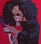  1boy afro black_hair brook_(one_piece) from_behind glint goatee_stubble holding holding_sheath long_sideburns looking_at_viewer looking_back male_focus one_piece round_eyewear scar scar_on_face scar_on_forehead sheath sideburns smirk solo stitches sunglasses tomatop umbrella_sword unsheathing 