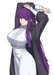  1girl absurdres alternate_breast_size arms_up black_robe blunt_bangs breasts commentary dress english_commentary expressionless fern_(sousou_no_frieren) highres kansla large_breasts long_hair open_clothes open_robe parted_lips purple_eyes purple_hair robe simple_background solo sousou_no_frieren very_long_hair white_background white_dress 