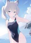  1girl absurdres animal_ear_fluff animal_ears bare_arms bare_shoulders blue_archive blue_eyes blue_one-piece_swimsuit blue_sky breasts cloud collarbone commentary_request covered_navel day extra_ears grey_hair hair_between_eyes hair_ornament halo hand_up highres jyt lifted_by_self looking_at_viewer medium_breasts official_alternate_costume one-piece_swimsuit outdoors parted_lips ponytail shiroko_(blue_archive) shiroko_(swimsuit)_(blue_archive) sky solo strap_lift swimsuit water wolf_ears 