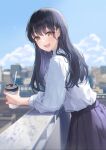  1girl arm_support blue_hair blue_skirt blush boku_no_kokoro_no_yabai_yatsu brown_eyes cup dark_blue_hair highres holding holding_cup long_hair open_mouth outdoors pleated_skirt rianya07 rooftop shirt skirt skyline solo white_shirt yamada_anna 