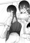  1boy 1girl ? ?? ass blush box braid breasts clothes_lift commentary_request faceless faceless_male glasses greyscale holding holding_box large_breasts lifted_by_another long_hair mole mole_on_cheek monochrome motion_lines multiple_views no_panties original otou_(otou3dayo) school_uniform semi-rimless_eyewear shirt_tucked_in skirt skirt_lift standing sweat twin_braids window 