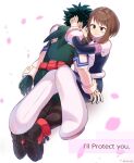  1boy 1girl boku_no_hero_academia brown_eyes brown_hair cherry_blossoms green_eyes green_hair highres hug midoriya_izuku non-web_source protecting the_lovers_(tarot) uraraka_ochako white_background 