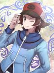  1boy adjusting_clothes adjusting_headwear baseball_cap blue_jacket brown_eyes brown_hair closed_mouth hand_up hat highres hilbert_(pokemon) jacket kotobukkii_(yt_lvlv) long_sleeves male_focus multicolored_clothes multicolored_headwear one_eye_closed poke_ball_print pokemon pokemon_(game) pokemon_bw red_headwear short_hair smile upper_body v-shaped_eyebrows white_headwear zipper 