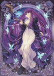  1girl black_coat black_footwear bug butterfly closed_mouth coat dress fern_(sousou_no_frieren) full_body highres lira_mist long_hair mage_staff purple_eyes purple_hair smile solo sousou_no_frieren staff staff_(music) white_dress 