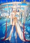  1girl barefoot bow braid breasts day detached_sleeves fate/grand_order fate_(series) flower grey_hair hair_flower hair_ornament long_hair looking_at_viewer medium_breasts morgan_le_fay_(fate) official_art outdoors reflection solo standing standing_on_liquid takeuchi_takashi thigh_strap tiptoes tonelico_(fate) very_long_hair water 