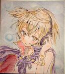  1girl armlet blue_background bracelet cape colored_pencil_(medium) grey_eyes grey_hair highres jewelry looking_down medium_hair orya_422 purple_cape solo touhou toyosatomimi_no_miko traditional_media upper_body 