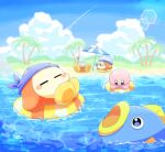  :d bandana bandana_waddle_dee beach beach_umbrella blue_bandana blue_eyes blue_sky blurry blurry_background blush blush_stickers closed_eyes cloud commentary_request contrail day fish flying_sweatdrops hat highres hill innertube kine_(kirby) kirby kirby_(series) lens_flare looking_at_another lying nasubino_(ramowarabi) no_humans on_back open_mouth outdoors palm_tree sailor_hat sailor_waddle_dee signature sky smile splashing squiggle star_(symbol) tree umbrella v-shaped_eyebrows waddle_dee water white_headwear 