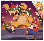 1girl 4boys :d ^_^ arm_up armlet bendedede blonde_hair blue_eyes blue_overalls blue_pants blush border bowser bowser_jr. bracelet brothers brown_footwear brown_hair castle character_name cheering claws closed_eyes closed_mouth cloud commentary crown dress earrings elbow_gloves english_commentary facial_hair fangs father_and_son frown gloves goomba gradient_sky green_headwear green_shirt hat highres horns jewelry lips long_hair long_sleeves luigi mario mario_(series) mini_crown molten_rock motion_lines multiple_boys mustache open_mouth overalls own_hands_together pants pink_dress princess_peach purple_sky red_hair red_headwear red_shirt sharp_teeth shirt shoes short_hair siblings sky smile sphere_earrings spiked_armlet spiked_bracelet spiked_shell spikes sweatdrop teeth throwing topknot v-shaped_eyebrows white_border white_gloves 
