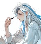  1231_0720 1boy applying_makeup artist_name blue_eyeshadow blue_hair blush collared_shirt commentary_request english_commentary eyelashes eyeshadow genshin_impact hair_between_eyes hands_up holding korean_commentary long_hair long_sleeves makeup makeup_brush male_focus mixed-language_commentary multicolored_hair neuvillette_(genshin_impact) parted_bangs parted_lips pointy_ears profile purple_eyes shirt sidelocks simple_background solo streaked_hair twitter_username upper_body watermark white_background white_hair white_shirt 