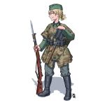  1girl absurdres ammunition_pouch bayonet blonde_hair blue_eyes bolt_action boots camouflage collar_tabs combat_helmet entrenching_tool explosive german_army germany grenade gun hat helmet highres holding holding_gun holding_weapon long_sleeves mauser_98 military military_hat military_uniform original ostwindprojekt pouch rifle shovel simple_background soldier solo stahlhelm stielhandgranate uniform weapon wehrmacht white_background world_war_ii 