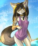  absurd_res anthro arm_tattoo beach canid canine canis collar coyote dreadlocks facial_piercing female fluffy fluffy_tail hi_res jackie_(disambiguation) jaylen mammal nose_piercing orange_eyes piercing seaside slim smile solo summer tail tattoo tinygaypirate 