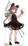  1girl animal animal_ears black_footwear black_skirt black_vest bloomers blush capelet dowsing_rod full_body grey_capelet grey_hair highres holding holding_letter iris_anemone jewelry letter long_sleeves mouse mouse_ears mouse_tail nazrin open_mouth pendant red_eyes second-party_source shoes short_hair simple_background skirt smile socks solo tail touhou underwear vest white_background white_bloomers white_socks 