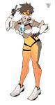  1girl alternate_breast_size ass bodysuit bomber_jacket breasts brown_eyes brown_hair chest_harness collarbone commission curvy gloves hand_on_own_hip harness highres huge_breasts jacket looking_at_viewer norman_maggot orange_bodysuit orange_goggles overwatch short_hair smile solo spiked_hair thigh_strap thighs tracer_(overwatch) v 