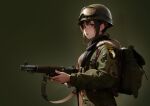  101st_airborne 1girl ai-generated army artist_request backpack bag brown_eyes brown_hair combat_helmet goggles goggles_on_headwear gun helmet m1_garand m1_helmet military_uniform non-web_source rifle simple_background soldier uniform upper_body weapon world_war_ii 