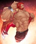  1boy abs bara beard belt collared_shirt facial_hair fate/zero fate_(series) feet_out_of_frame highres iskandar_(fate) kalonezhno large_pectorals looking_at_viewer male_focus manly mature_male muscular muscular_male nipples open_clothes open_shirt pants pectorals red_background red_eyes red_hair shirt simple_background smirk solo spiked_hair thick_eyebrows watch wristwatch 