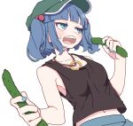  1girl black_tank_top blue_eyes blue_hair blue_nails blue_skirt blush collarbone cucumber fingernails flat_cap food green_headwear hair_bobbles hair_ornament hat highres holding holding_food holding_vegetable kame_(kamepan44231) kawashiro_nitori nail_polish navel open_mouth revision short_hair simple_background skirt solo tank_top touhou two_side_up upper_body vegetable white_background 