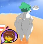  anthro balls barcash07 beach blush bovid butt caprine clothed clothing curvy_figure deltarune dialogue digital_media_(artwork) duo english_text fur genitals goat hair hat headgear headwear hi_res horn human interspecies kris_(deltarune) looking_surprised male male/male mammal nude open_mouth ralsei sea seaside smile solo_focus standing tail text thick_thighs undertale_(series) voluptuous water white_body white_fur wide_hips 