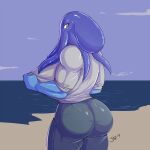  2019 anthro beach big_butt blue_body bubble_butt butt cephalopod clothed clothing cloud coleoid fully_clothed girokett hi_res horus_(bloveblue) male marine mollusk octopodiform octopus orange_eyes rear_view sand seaside signature solo standing water 