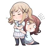  averting_eyes bang_dream! black_socks black_thighhighs blonde_hair blue_ribbon blue_shirt brown_footwear brown_hair chibi closed_eyes crying crying_with_eyes_open hand_on_another&#039;s_waist highres ichigaya_arisa neck_ribbon o_o ribbon sailor_collar school_uniform shirt sidelocks skirt socks tears thighhighs toyama_kasumi twintails vector_(dmlddmld00) white_background white_sailor_collar white_skirt 