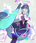  1girl aqua_hair bare_shoulders black_thighhighs detached_sleeves ghost ghost_miku_(project_voltage) glitch gradient_hair grey_shirt hair_between_eyes hatsune_miku long_hair multicolored_hair necktie pale_skin pokemon project_voltage see-through see-through_skirt shirt skirt sleeveless sleeveless_shirt sleeves_past_fingers sleeves_past_wrists sumustard thighhighs twintails very_long_hair vocaloid will-o&#039;-the-wisp_(mythology) yellow_eyes 