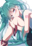  1girl aosaki_yato aqua_hair bare_arms bare_shoulders black_skirt blue_eyes bound bound_legs curled_up grey_shirt hatsune_miku highres holding holding_ribbon hugging_own_legs light_blush long_hair looking_at_viewer looking_to_the_side miku_day miniskirt pleated_skirt ribbon shadow shirt sitting skirt sleeveless sleeveless_shirt smile solo twintails very_long_hair vocaloid 
