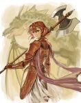  1girl abinosu0903 armor border commentary_request dragon dragon_wings faulds fire_emblem fire_emblem:_shadow_dragon gauntlets green_hairband hairband halberd highres holding holding_polearm holding_weapon looking_back minerva_(fire_emblem) polearm red_armor red_eyes red_hair short_hair teeth weapon white_border wings 