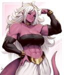  abs absurdres android_21 baggy_pants black_sclera bracelet colored_sclera colored_skin double_biceps_pose dragon_ball elbow_sleeve flexing hand_on_own_hip highres jewelry long_hair muscular muscular_female necklace pants pink_skin pointy_ears sharp_teeth speedl00ver tail teeth white_hair 