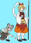  2girls animal_ears animal_print arrow_(symbol) basket belt bishamonten&#039;s_pagoda bishamonten&#039;s_spear black_belt black_footwear black_hair black_ribbon blonde_hair blue_background blush breasts bright_pupils bseibutsu commentary_request crystal full_body grey_hair grey_skirt grey_vest hair_ornament highres holding holding_polearm holding_weapon jewelry layered_clothes long_sleeves looking_at_another looking_at_viewer medium_bangs mouse mouse_ears mouse_girl mouse_tail multicolored_hair multiple_girls nazrin neck_ribbon on_one_knee open_mouth orange_skirt pendant pointing polearm red_eyes red_vest ribbon shawl shirt shoes short_hair simple_background skirt skirt_set small_breasts smile socks standing streaked_hair tail tiger_print toramaru_shou touhou two-tone_hair vest weapon white_pupils white_shirt wide_sleeves yellow_eyes 