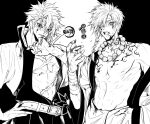  2boys aza_choubei bandaged_arm bandages bead_necklace beads blank_eyes blood blood_on_chest blood_on_face blood_on_hands body_markings eyes_visible_through_hair greyscale hairstyle_connection highres jewelry jigokuraku kimetsu_no_yaiba looking_at_viewer medium_hair mono1010101 monochrome multiple_boys muscular muscular_male necklace open_clothes open_mouth open_robe parted_lips popped_collar robe scar scar_across_eye scar_on_chest scar_on_face shinazugawa_sanemi short_hair spiked_hair trait_connection 