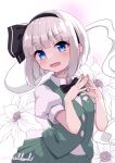  1girl :d absurdres artist_name black_bow black_bowtie black_hairband blouse blue_eyes blunt_bangs blunt_ends blush bob_cut bow bowtie breasts commentary floral_background flower ghost green_skirt green_vest hair_bow hairband head_tilt highres konpaku_youmu konpaku_youmu_(ghost) looking_at_viewer open_mouth own_hands_together pink_background pleated_skirt puffy_short_sleeves puffy_sleeves rital shirt short_hair short_sleeves signature skirt small_breasts smile solo steepled_fingers touhou twitter_username upper_body vest w_arms white_background white_flower white_hair white_shirt 