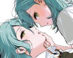  2girls aqua_hair bang_dream! finger_to_another&#039;s_mouth green_eyes highres hikawa_hina hikawa_sayo imminent_kiss incest jewelry looking_at_viewer multiple_girls necklace open_mouth profile siblings sisters twincest twins yuri zihacheol 