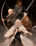  4boys aragorn artist_name axe blonde_hair bow_(weapon) brown_gloves brown_hair cape from_behind gandalf gimli gloves grey_hair highres holding holding_axe holding_bow_(weapon) holding_staff holding_sword holding_weapon hood hood_down hooded_cape legolas long_hair long_sleeves looking_at_viewer male_focus medium_hair multiple_boys pointy_ears robe staff sword the_lord_of_the_rings tolkien&#039;s_legendarium velocesmells weapon white_robe wide_sleeves 