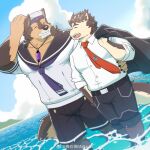 2boys :d ^_^ animal_ears bara blue_sky brown_fur closed_eyes cloud cloudy_sky dog_boy dog_ears facial_hair feet_out_of_frame furry furry_male goatee grin hand_on_own_head happy highres jacket jacket_over_shoulder jacket_removed jewelry large_pectorals live_a_hero male_focus male_protagonist_(live_a_hero) mallards mature_male multiple_boys muscular muscular_male necktie pants pectoral_cleavage pectorals pendant pubraseer_(live_a_hero) red_necktie sailor sailor_collar short_hair sky smile thick_eyebrows two-tone_fur wading walking yaoi 