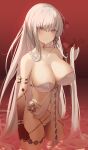  1girl absurdres armlet bare_shoulders belly_chain blush body_markings bracelet breasts cleavage collarbone colored_skin durga_(fate) earrings fate/grand_order fate_(series) gradient_skin grey_hair hair_ribbon highres jewelry kopaka_(karda_nui) large_breasts long_hair looking_at_viewer pelvic_curtain red_eyes red_skin revealing_clothes ribbon sash smile solo thighs thumb_ring very_long_hair wading water 