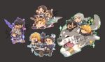  3girls 6+boys absurdres black_hair blonde_hair boat brothers brown_hair carrying chibi cidolfus_telamon clive_rosfield dion_lesage dragon_wings father_and_daughter final_fantasy final_fantasy_xvi flying grey_hair highres jill_warrick joshua_rosfield kihel_(ff16) midadol_telamon multiple_boys multiple_girls piggyback riding siblings silketara sleipnir_harbard smile sparkle sword terrence_(ff16) torgal_(ff16) watercraft weapon wings wolf 