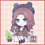  1girl animal_ears animal_hood argyle argyle_background beret black_footwear black_headwear blue_eyes brown_background brown_hair brown_jacket brown_skirt brown_socks buerxiao chibi closed_mouth clothes_writing coffee_cup commentary_request cup disposable_cup fake_animal_ears forehead hat highres holding holding_cup hololive hood jacket long_sleeves looking_at_viewer natsuiro_matsuri open_clothes open_jacket parted_bangs plaid plaid_jacket plaid_skirt plant pleated_skirt potted_plant shirt shoes skirt smile socks solo stool unmoving_pattern virtual_youtuber white_shirt 