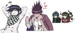  1girl 3boys absurdres anger_vein angry black_hair black_jacket blush breast_pocket brown_hair buttons checkered_clothes checkered_scarf closed_mouth cropped_torso danganronpa_(series) danganronpa_v3:_killing_harmony double-breasted facial_hair goatee grin hair_ornament hairclip harukawa_maki heart highres jacket keropi_frog long_hair looking_at_another momota_kaito multiple_boys oma_kokichi pink_eyes pocket print_shirt purple_hair red_shirt saihara_shuichi scarf shirt simple_background smile smug spiked_hair teeth white_background white_jacket white_shirt yaoi 