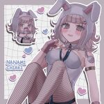  animal_ears animal_hood black_leotard blush breasts cleavage danganronpa_(series) danganronpa_2:_goodbye_despair fake_animal_ears fishnet_thighhighs fishnets flipped_hair heart highres hood leotard medium_hair michi_(michiisidayo) nanami_chiaki open_mouth playboy_bunny rabbit_ears rabbit_hood smile thighhighs two-tone_leotard white_leotard 