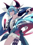  1girl armpits bare_shoulders blue_eyes blue_hair closed_mouth commentary cowboy_shot drumsticks from_side hachimaki hair_ribbon hatsune_miku hatsune_miku_x_kodo headband holding holding_drumsticks horns japanese_clothes leg_tattoo long_hair looking_at_viewer manbou_no_ane mitsudomoe_(shape) nejiri_hachimaki outstretched_arm ribbon sarashi shide shirt shorts sleeveless sleeveless_shirt smile solo standing symbol_in_eye tattoo tomoe_(symbol) twintails v-shaped_eyebrows very_long_hair vocaloid white_background white_ribbon white_shorts wrist_guards 