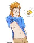  1boy 1girl big_egg526 blue_eyes blue_shirt brown_hair brown_pants clothes_lift earrings guilty_challenge_(meme) highres jewelry link male_focus medium_hair meme muscular muscular_male navel pants pointy_ears princess_zelda shirt shirt_lift solo stomach the_legend_of_zelda 